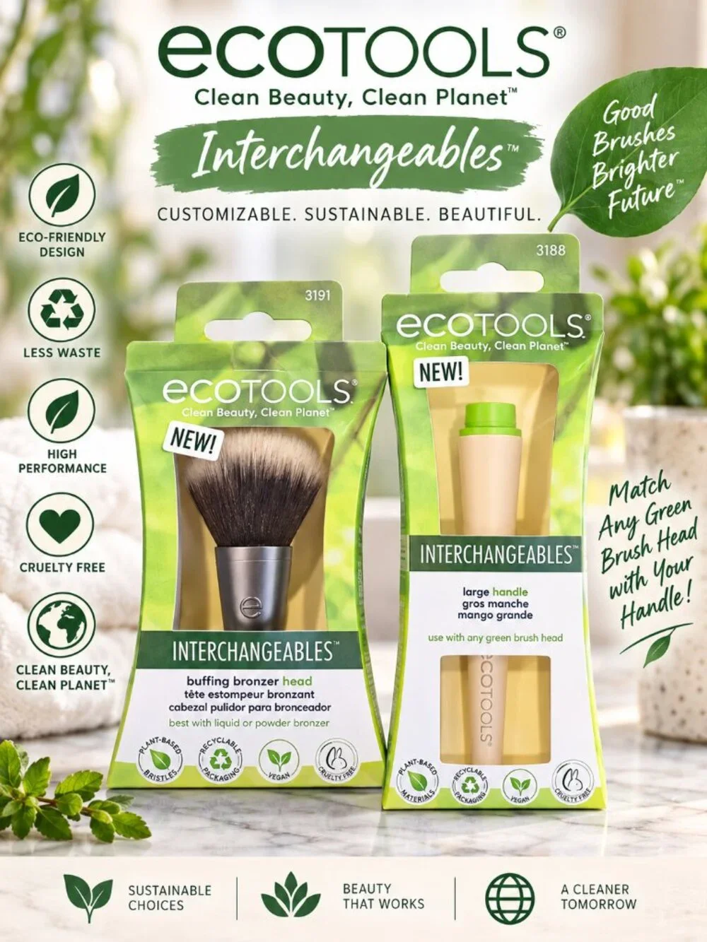 EcoTools Interchangeables Buffing Bronzer Brush Head + Large Handle NEW 2PC Set